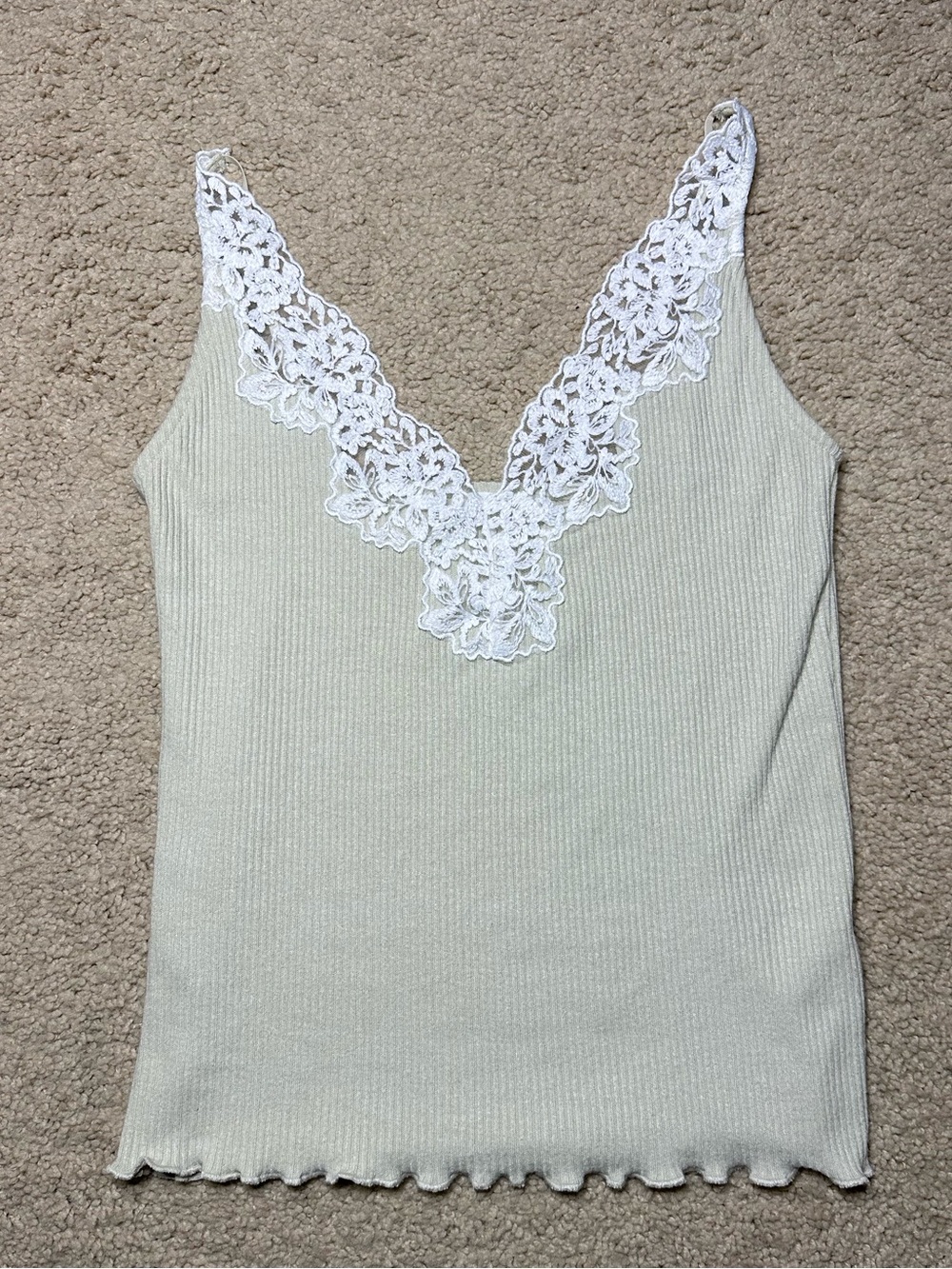 Zara Sage Ribbed Tank Top White Floral Lace Trim V-neckline Women Size M